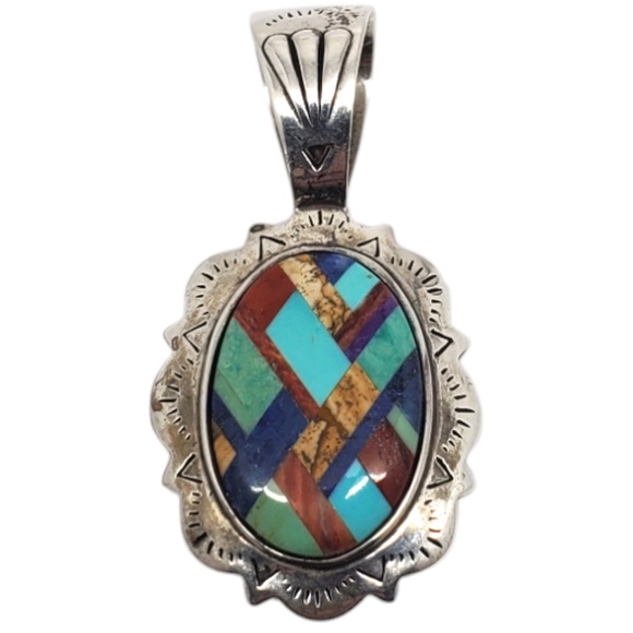 Shube Sterling Silver Navajo Mosaic Inlay Pendant #20786 - Picture 1 of 9